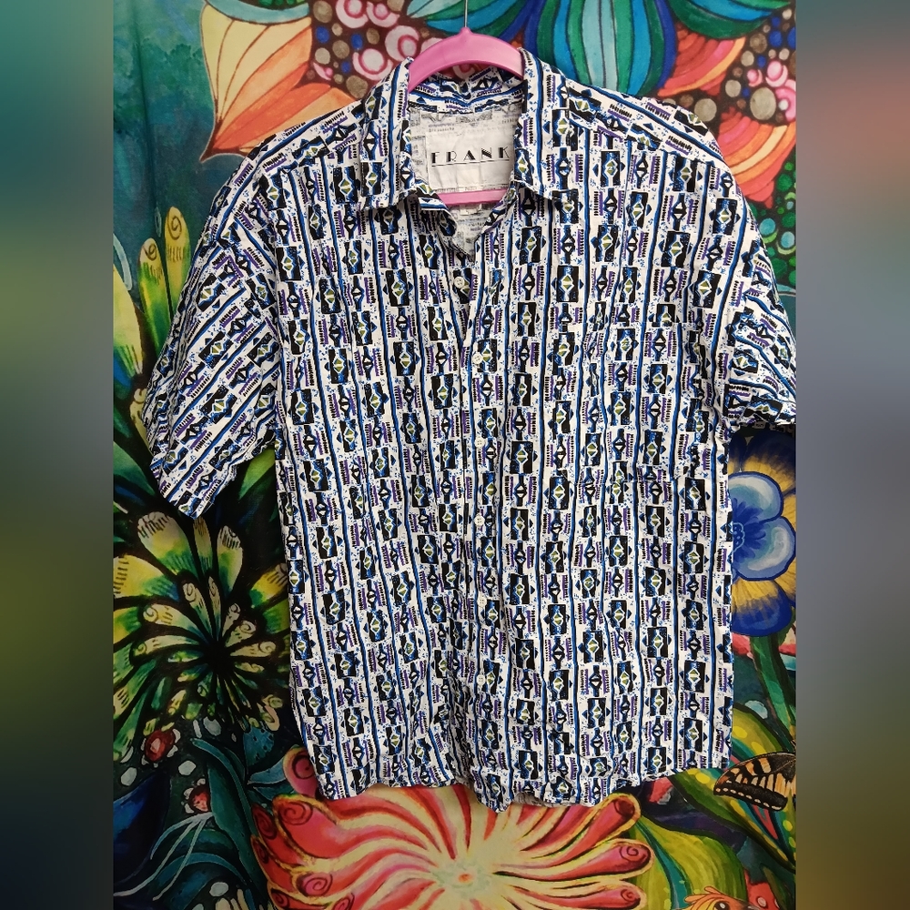 Vintage 80's Frank Men Pink Surfer Beach Shirt Abstract Tribal Skate RETRO small